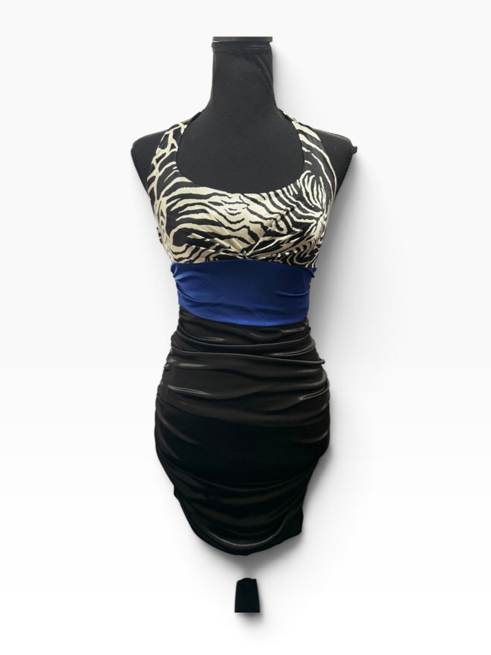 B. Darlin Y2K Zebra Halter Bodycon Mini Dress Ruched Black Blue size 6